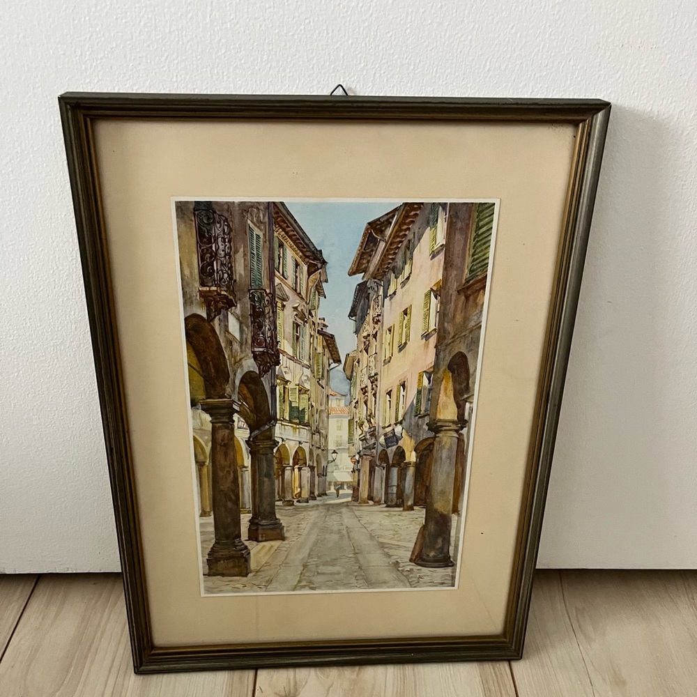 Vtg Framed Art street scene Via Pessina Lugano, Switzerland. Framed in Germany